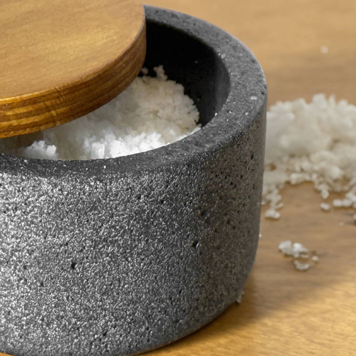 Concrete Salt Cellar with Wooden Lid - Olive Ovation